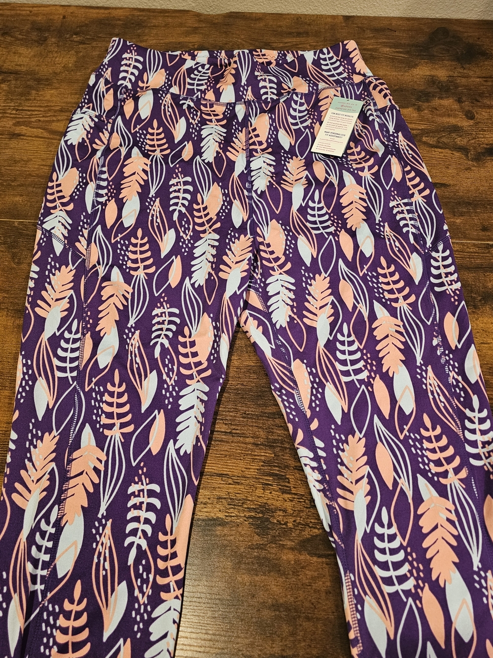 POP Fit Cropped Pocket Leggings Purple Peach Blue Leaf Print NWT